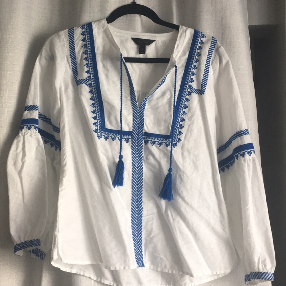 J.crew blue embroidered blouse- linen cotton blend